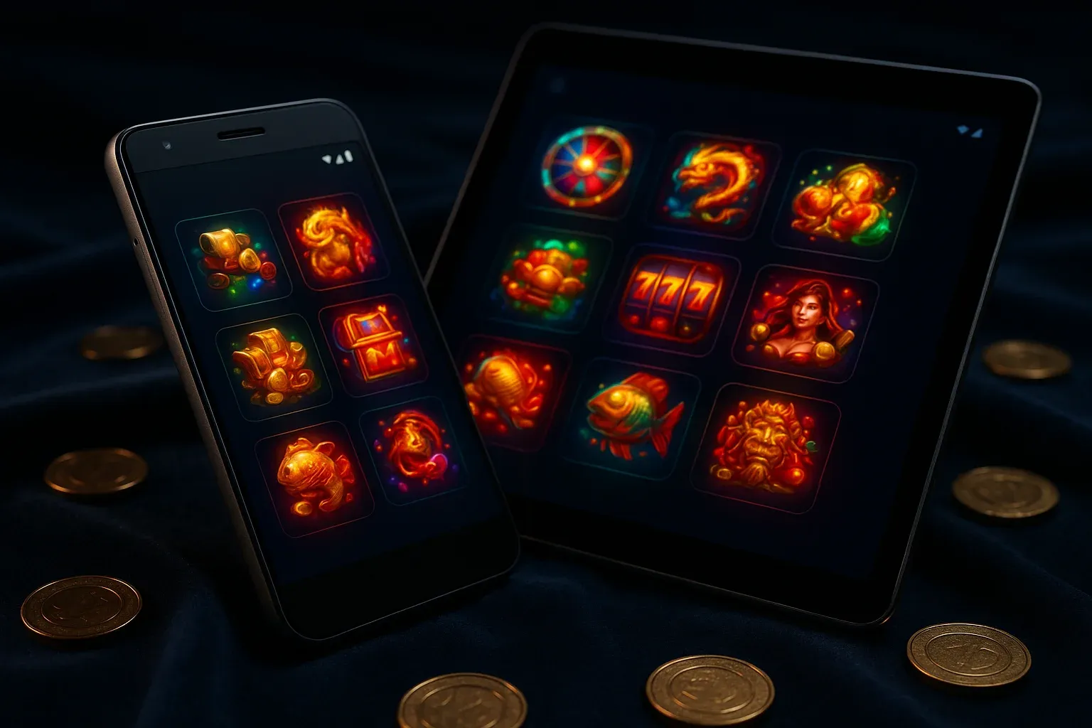 Phone and tablet showing glowing casino app UI on blue velvet