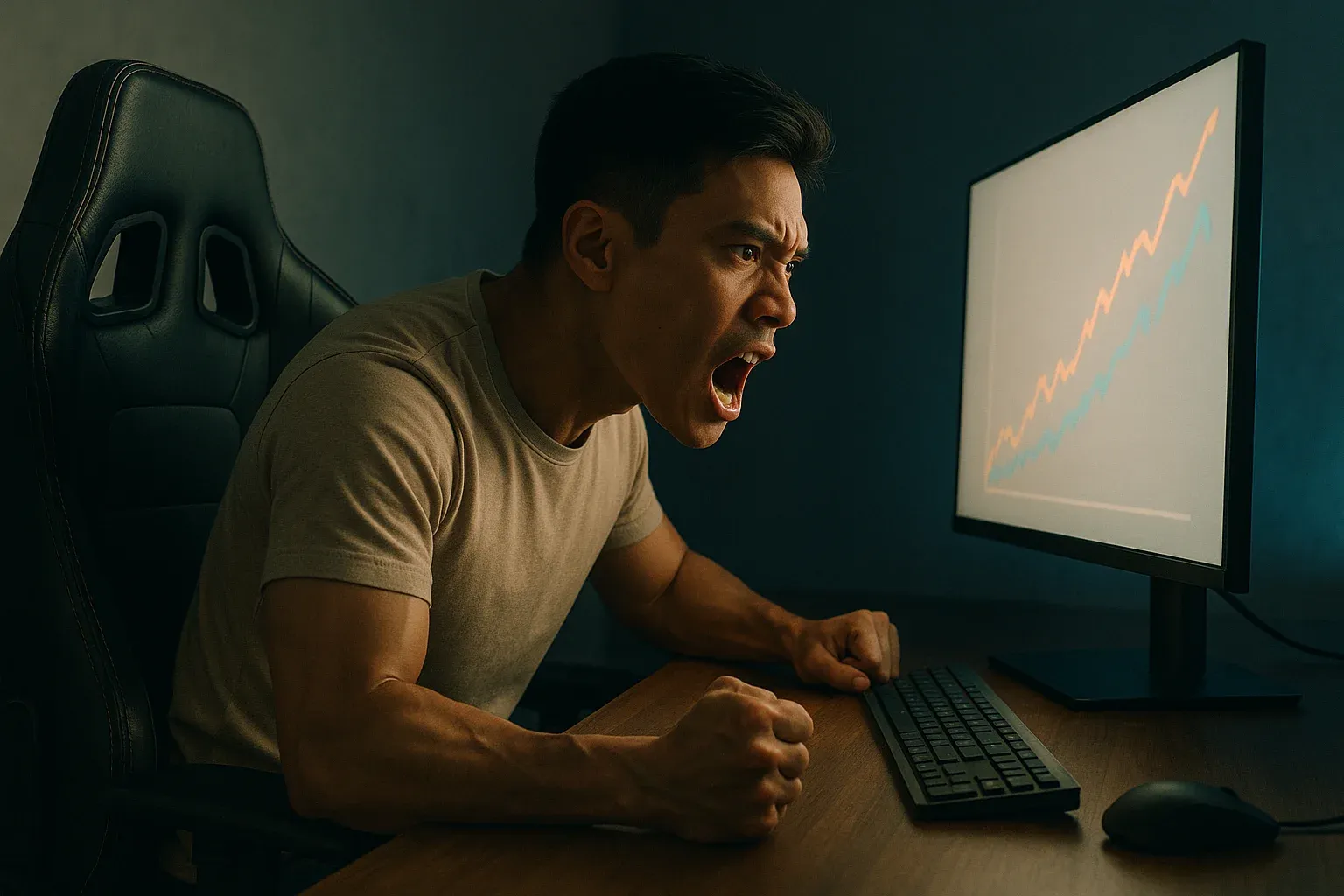 Filipino male gamer leaning forward, monitor glow, abstract rising graph, dark room
