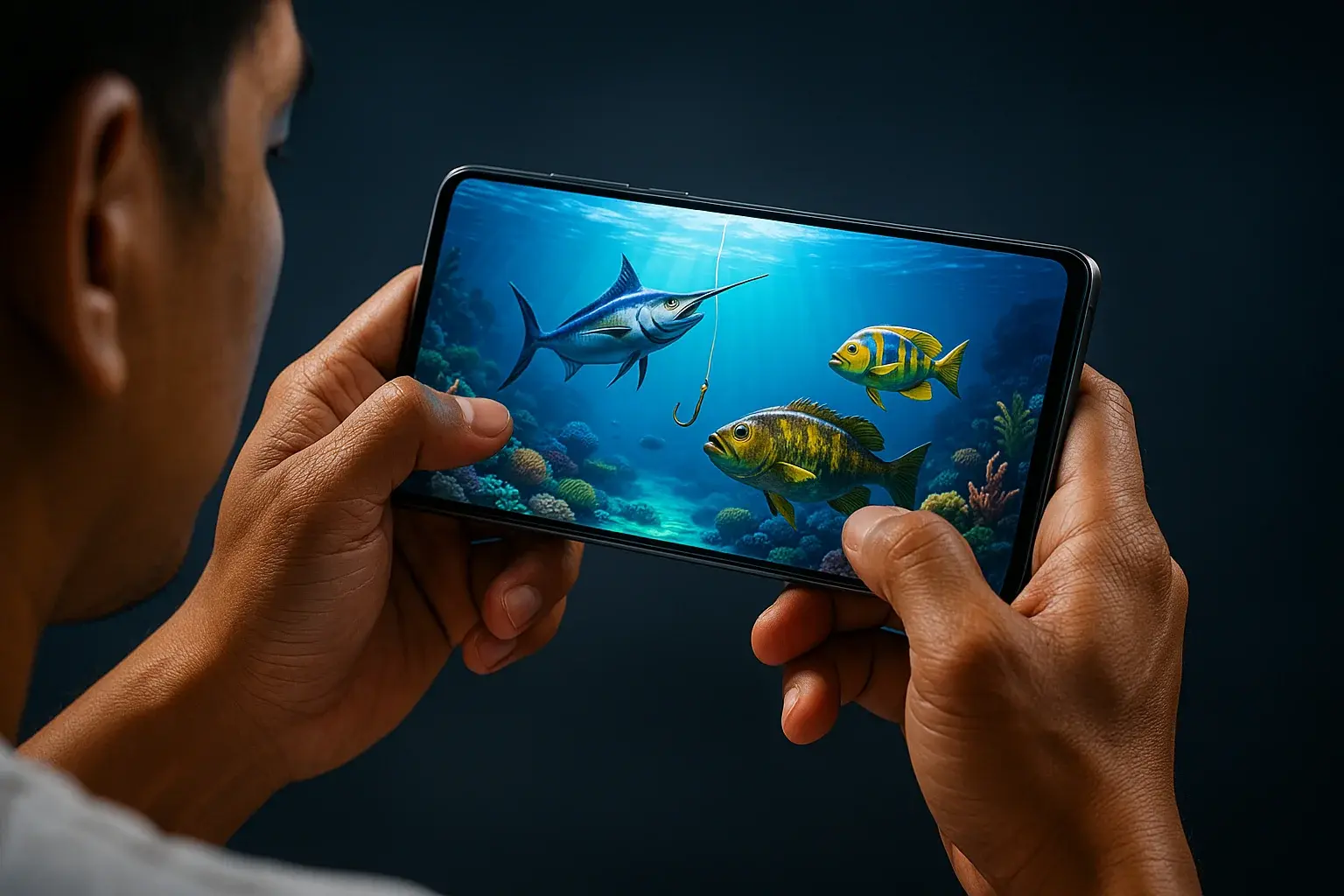 Filipino hands holding Android phone with colorful underwater fishing game scene