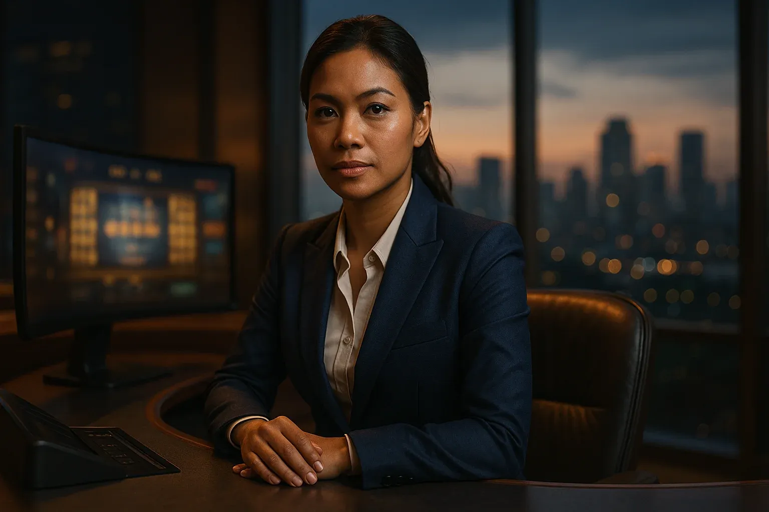 Confident Filipino businesswoman at high-tech casino desk with Manila skyline