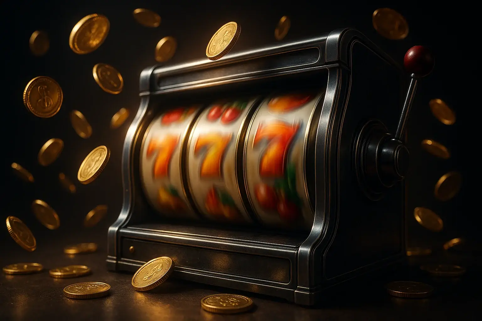 Hyperrealistic JILI-style slot reels mid-spin with flying gold coins