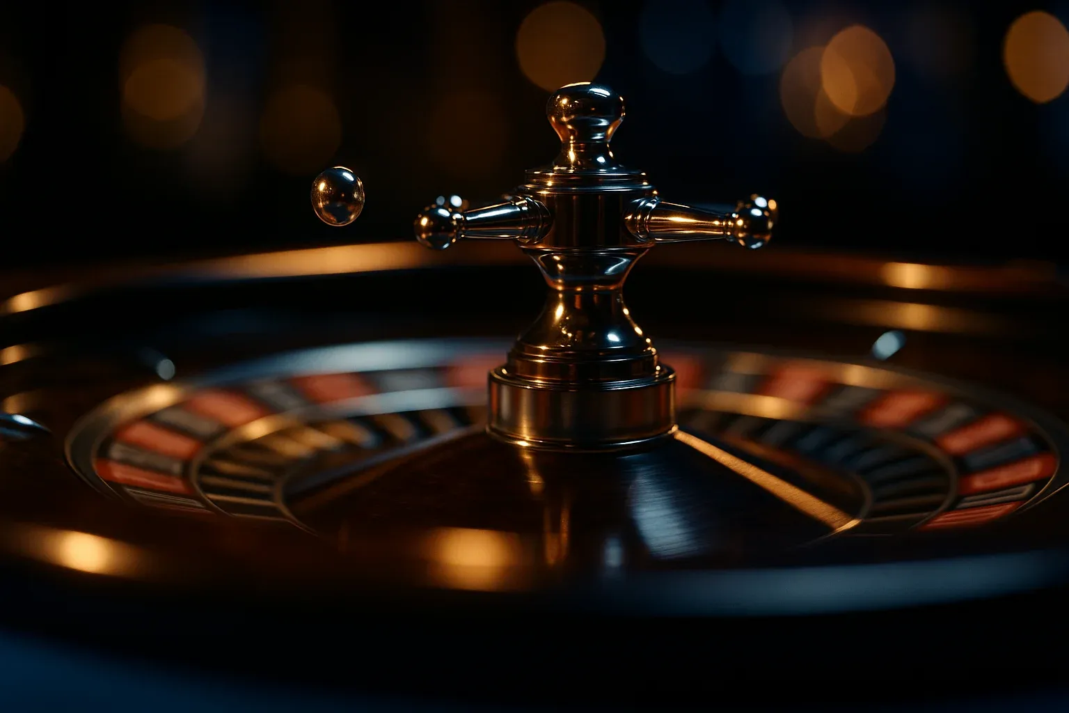Hyperrealistic macro shot of live casino roulette wheel mid-spin with chrome ball
