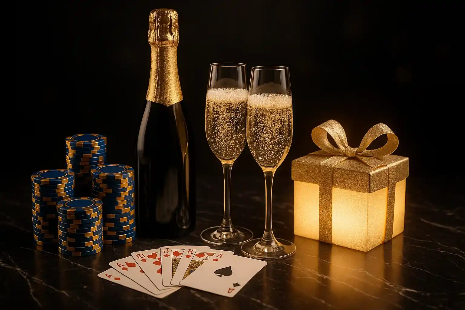 Champagne flutes, casino chips, playing cards, and glowing gift box on marble