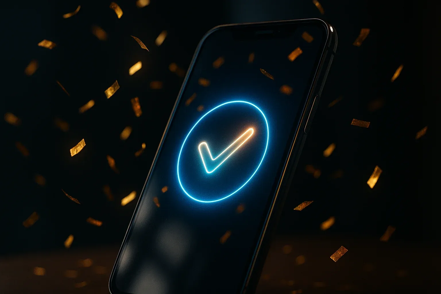 Smartphone showing glowing checkmark success animation with golden confetti in dark space