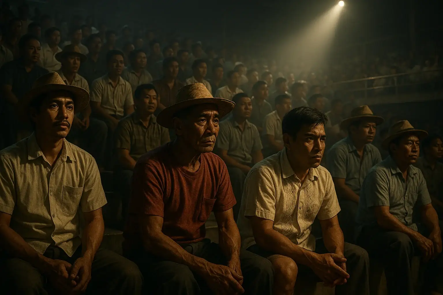 Hyperrealistic wide shot of Filipino men in sabong arena bleachers under floodlights