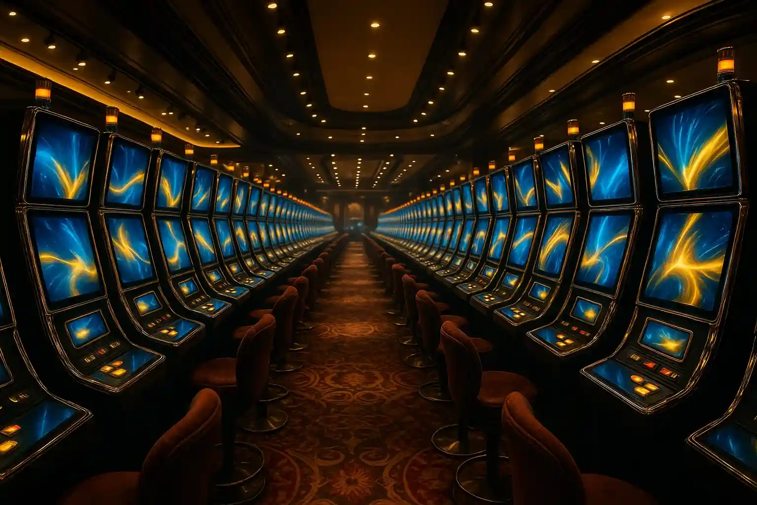 Hyperrealistic wide shot of Manila casino slots hall with blue gold glow