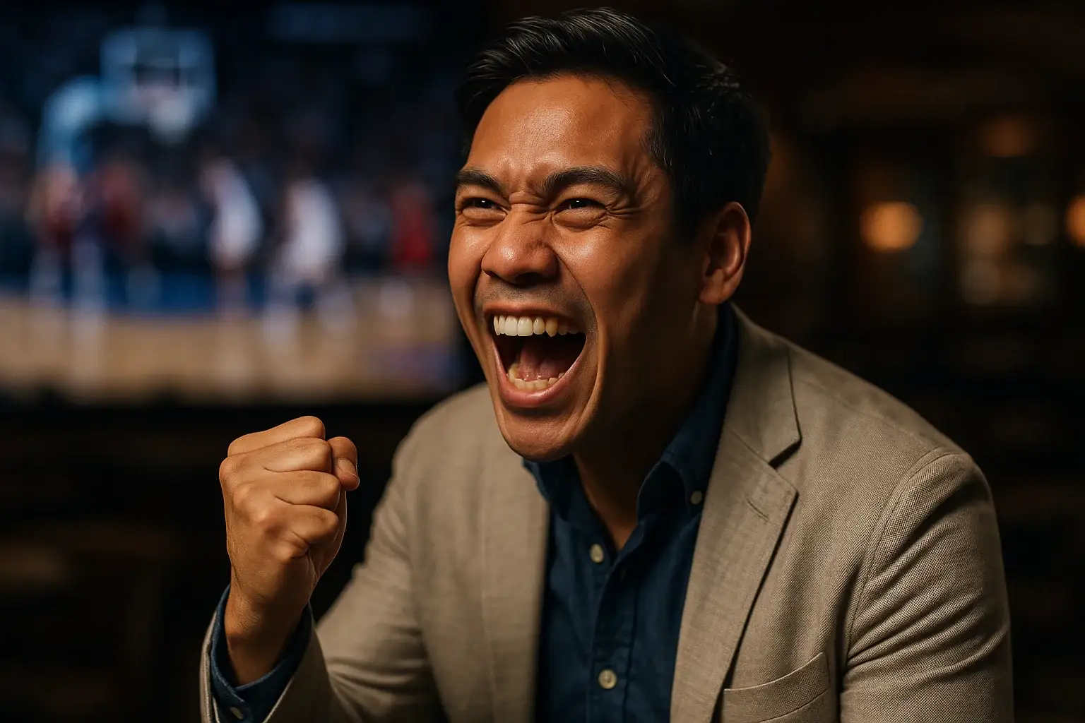 Filipino male sports bettor celebrating while watching basketball in premium lounge